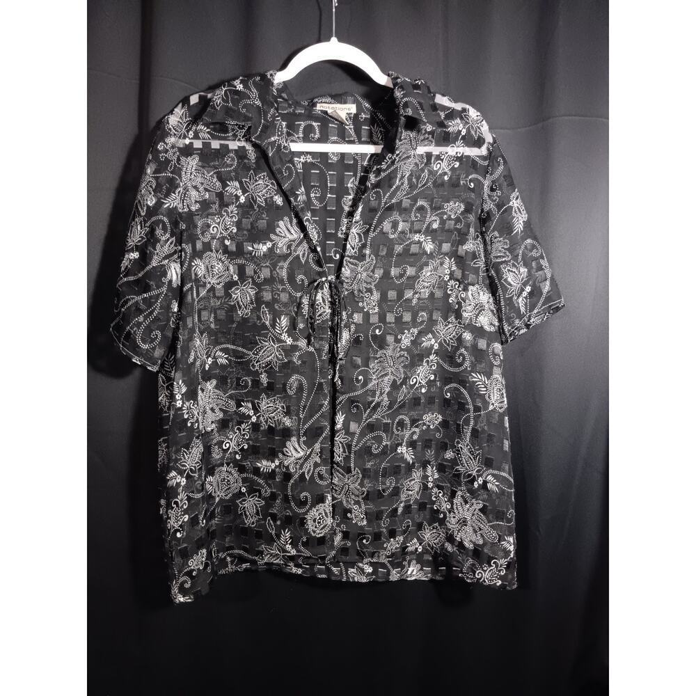 Notations XL Sheer Tie Front Black Paisley Collared Short Sleeve Summer Cardigan